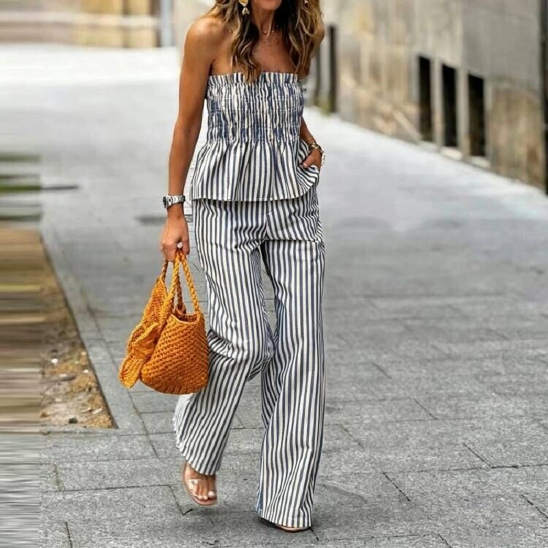 Strapless Bra Backless - Ensemble de vacances rayé printemps-été :